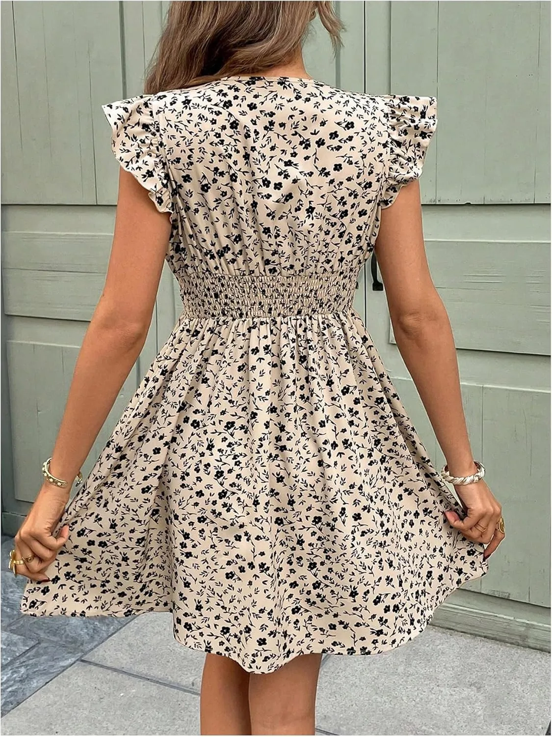 Floerns Women's Floral V Neck Ruffle Cap Sleeve Bow Dress Elegant A Line Short Dresses