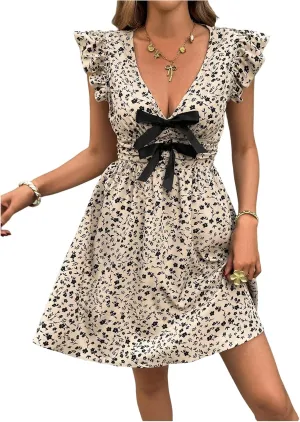 Floerns Women's Floral V Neck Ruffle Cap Sleeve Bow Dress Elegant A Line Short Dresses