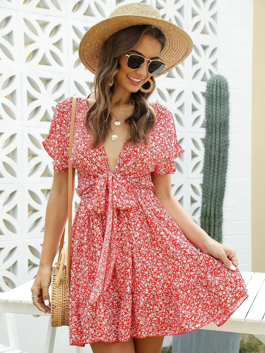 Floerns Women's Tropical Floral Plunging V Neck Tie Open Back Summer Short Dress