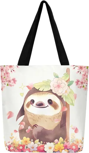 Floral Animal Canvas Tote Bag Cute Pink Handbag for Outdoors