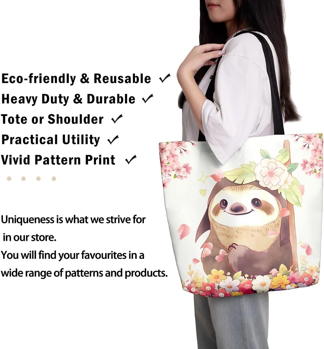 Floral Animal Canvas Tote Bag Cute Pink Handbag for Outdoors