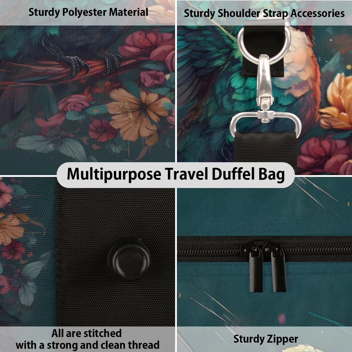 Floral Bird Hummingbird Travel Duffle Bag, Sports Gym Bags for Women Men, Carry On Weekender Overnight Workout Airplane Trips Bag