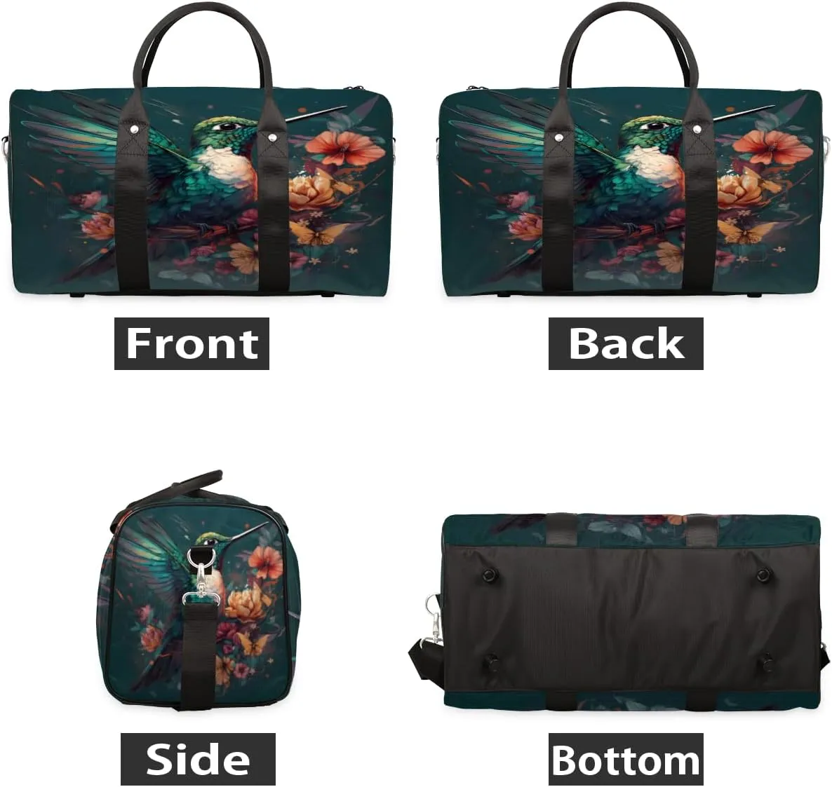 Floral Bird Hummingbird Travel Duffle Bag, Sports Gym Bags for Women Men, Carry On Weekender Overnight Workout Airplane Trips Bag