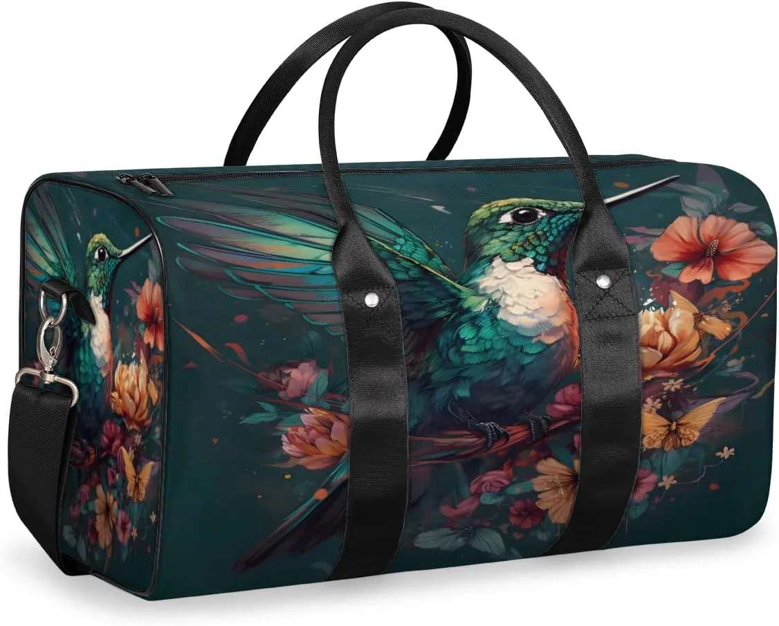 Floral Bird Hummingbird Travel Duffle Bag, Sports Gym Bags for Women Men, Carry On Weekender Overnight Workout Airplane Trips Bag