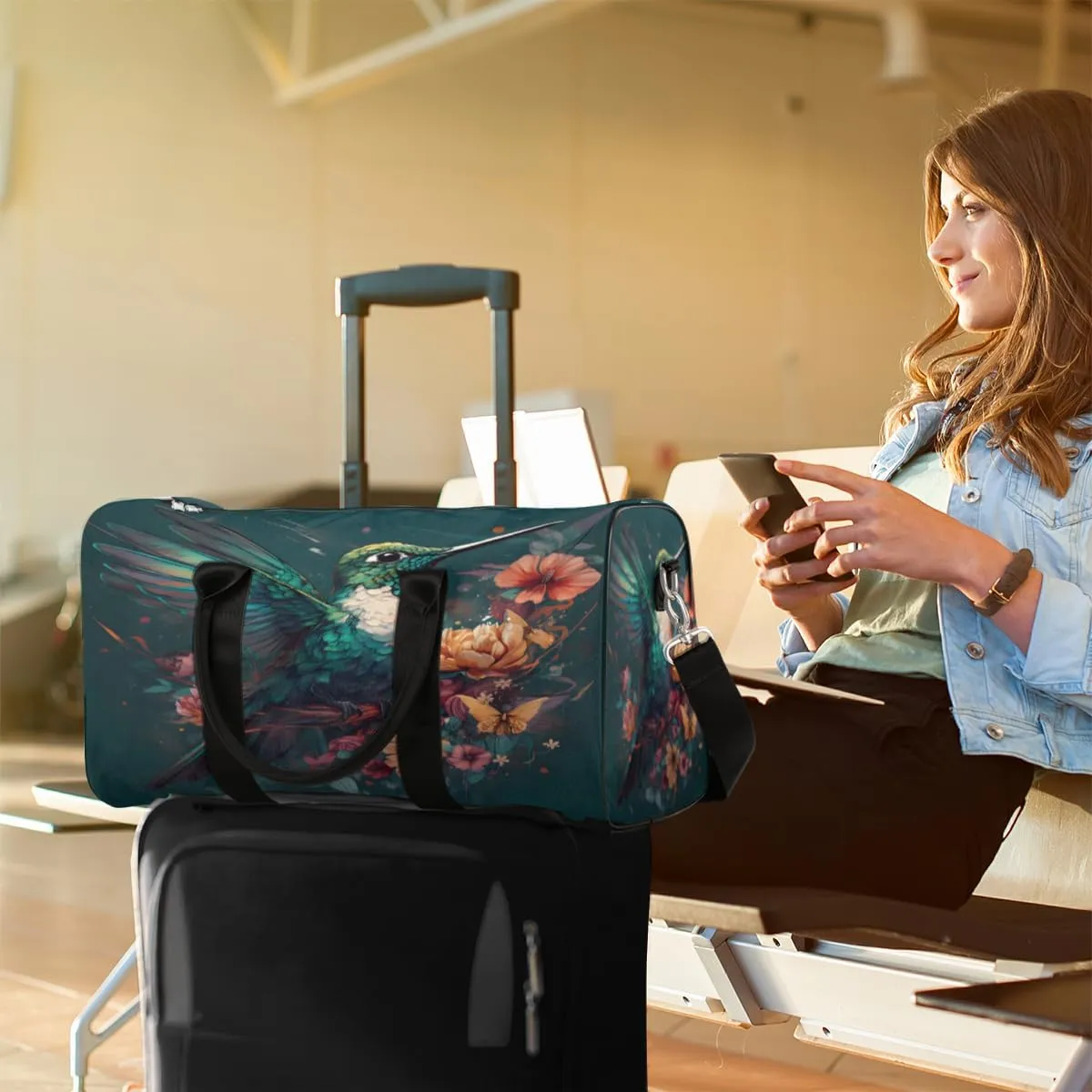 Floral Bird Hummingbird Travel Duffle Bag, Sports Gym Bags for Women Men, Carry On Weekender Overnight Workout Airplane Trips Bag