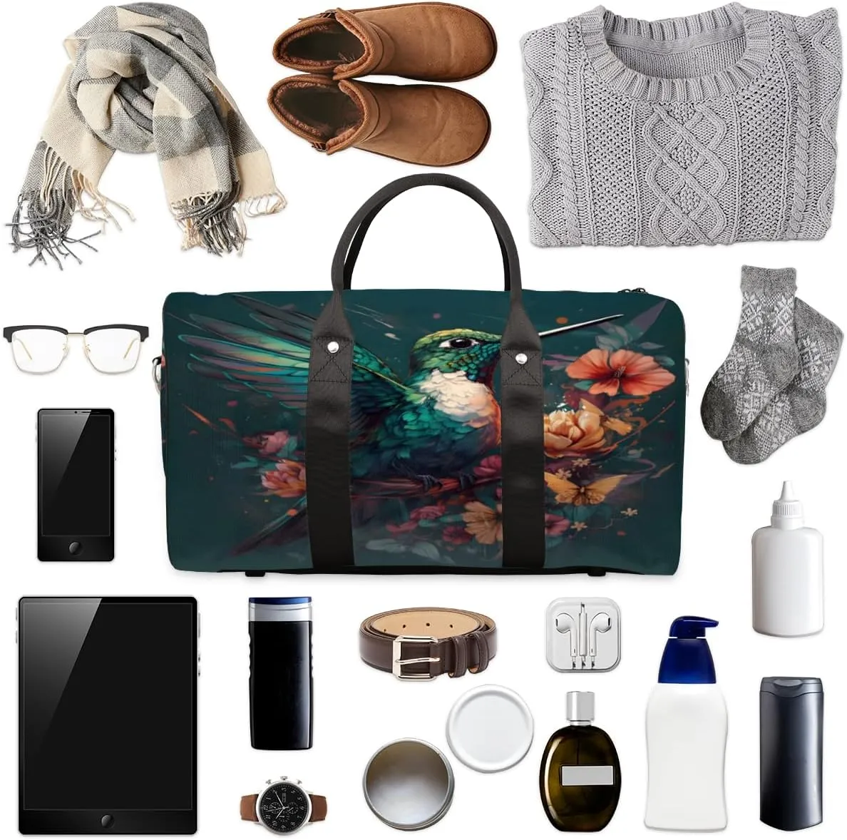 Floral Bird Hummingbird Travel Duffle Bag, Sports Gym Bags for Women Men, Carry On Weekender Overnight Workout Airplane Trips Bag