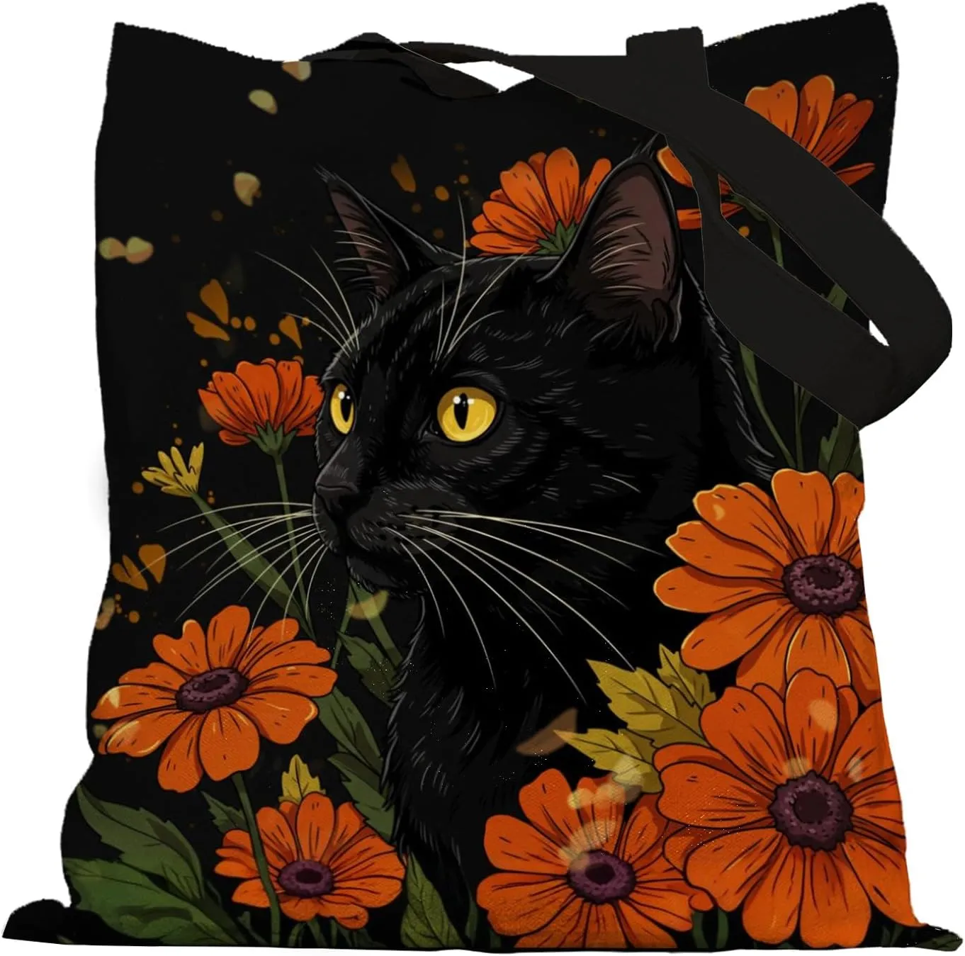 Floral Black Cat Canvas Tote Bag, Cat Mom Mother's Day Gifts, Kitten Gifts for Mom Women, Aesthetic Cute Kitten Reusable Grocery Bags Shopping Bags