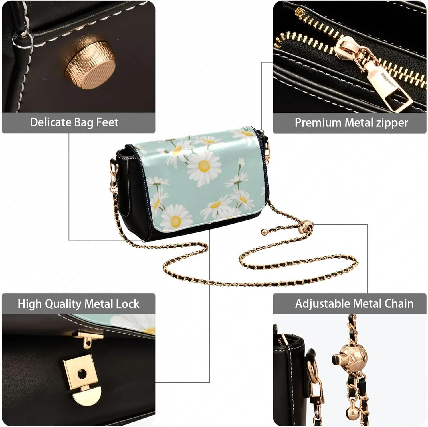 Floral Blue Small Flower Shoulder Leather Bags Black Women Crossbody Bag Purses Trendy Handbag with Chain Strap