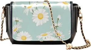 Floral Blue Small Flower Shoulder Leather Bags Black Women Crossbody Bag Purses Trendy Handbag with Chain Strap