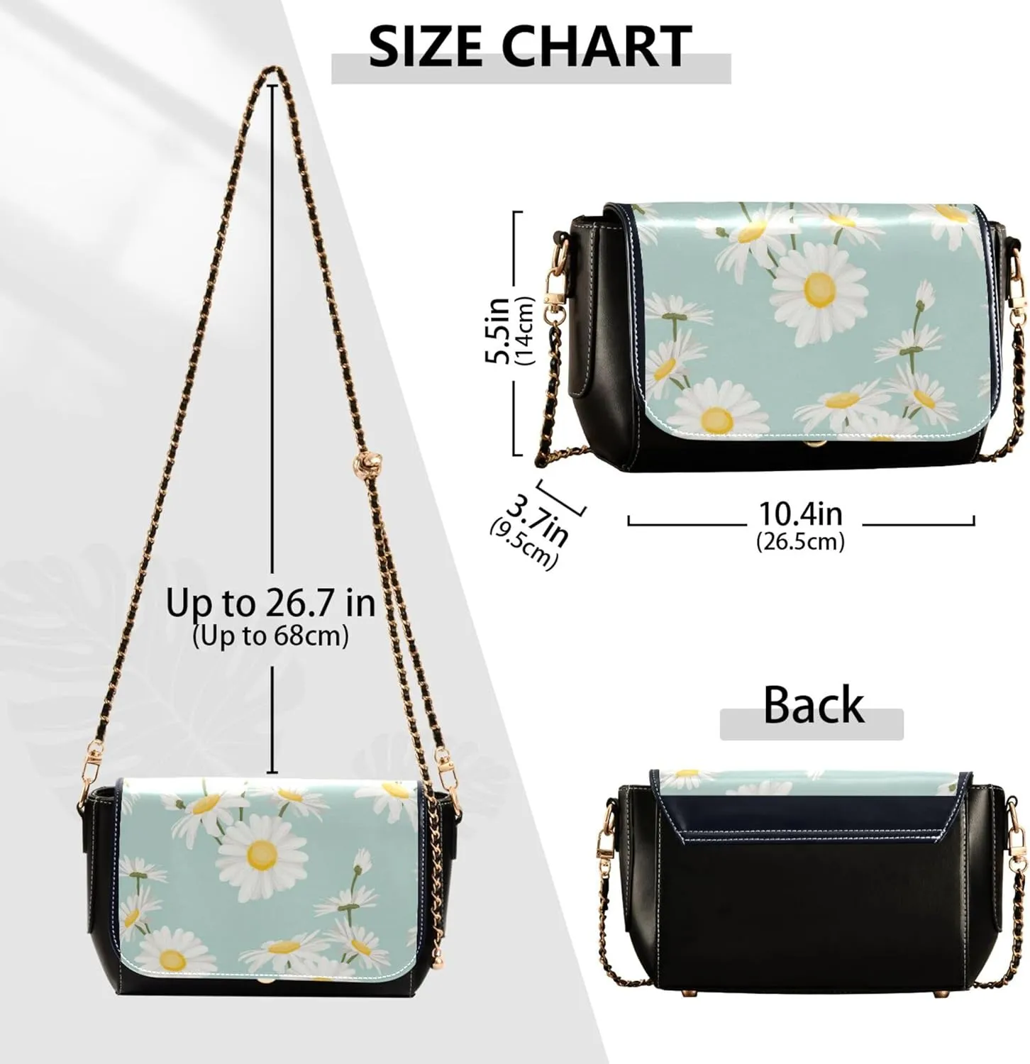 Floral Blue Small Flower Shoulder Leather Bags Black Women Crossbody Bag Purses Trendy Handbag with Chain Strap