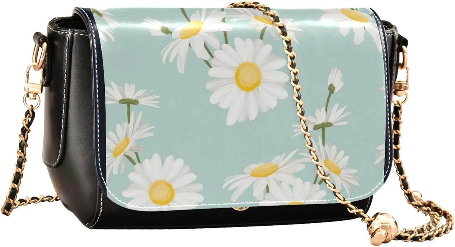 Floral Blue Small Flower Shoulder Leather Bags Black Women Crossbody Bag Purses Trendy Handbag with Chain Strap