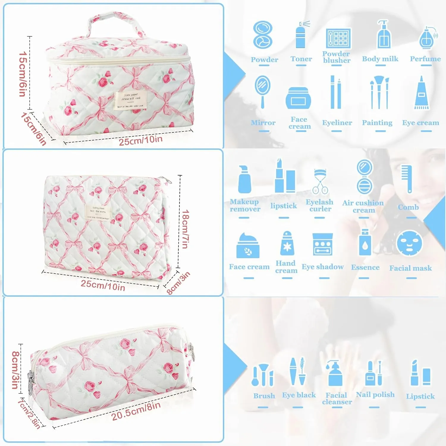 Floral Bow Makeup Bag for Women Teen Girl, 3 Pack Quilted Cosmetic Bag, Flower Cotton Make Up Bag Set, Large Travel Coquette Cosmetic Bag, Aesthetic Cute Toiletry Organizer Skincare Bag
