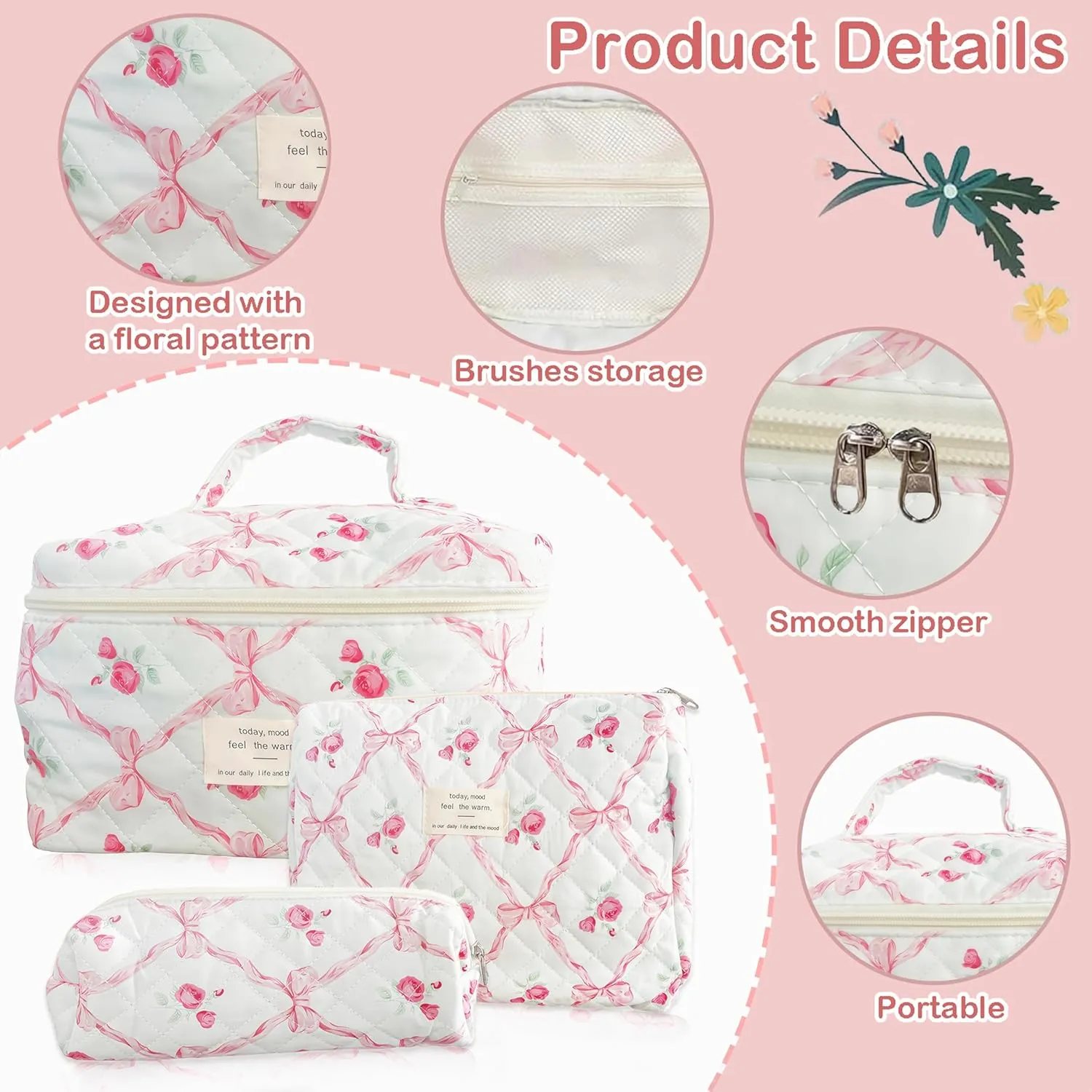 Floral Bow Makeup Bag for Women Teen Girl, 3 Pack Quilted Cosmetic Bag, Flower Cotton Make Up Bag Set, Large Travel Coquette Cosmetic Bag, Aesthetic Cute Toiletry Organizer Skincare Bag