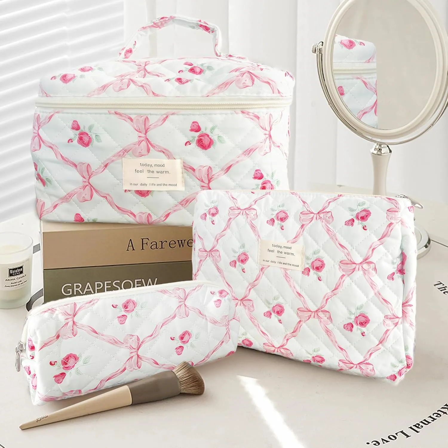 Floral Bow Makeup Bag for Women Teen Girl, 3 Pack Quilted Cosmetic Bag, Flower Cotton Make Up Bag Set, Large Travel Coquette Cosmetic Bag, Aesthetic Cute Toiletry Organizer Skincare Bag