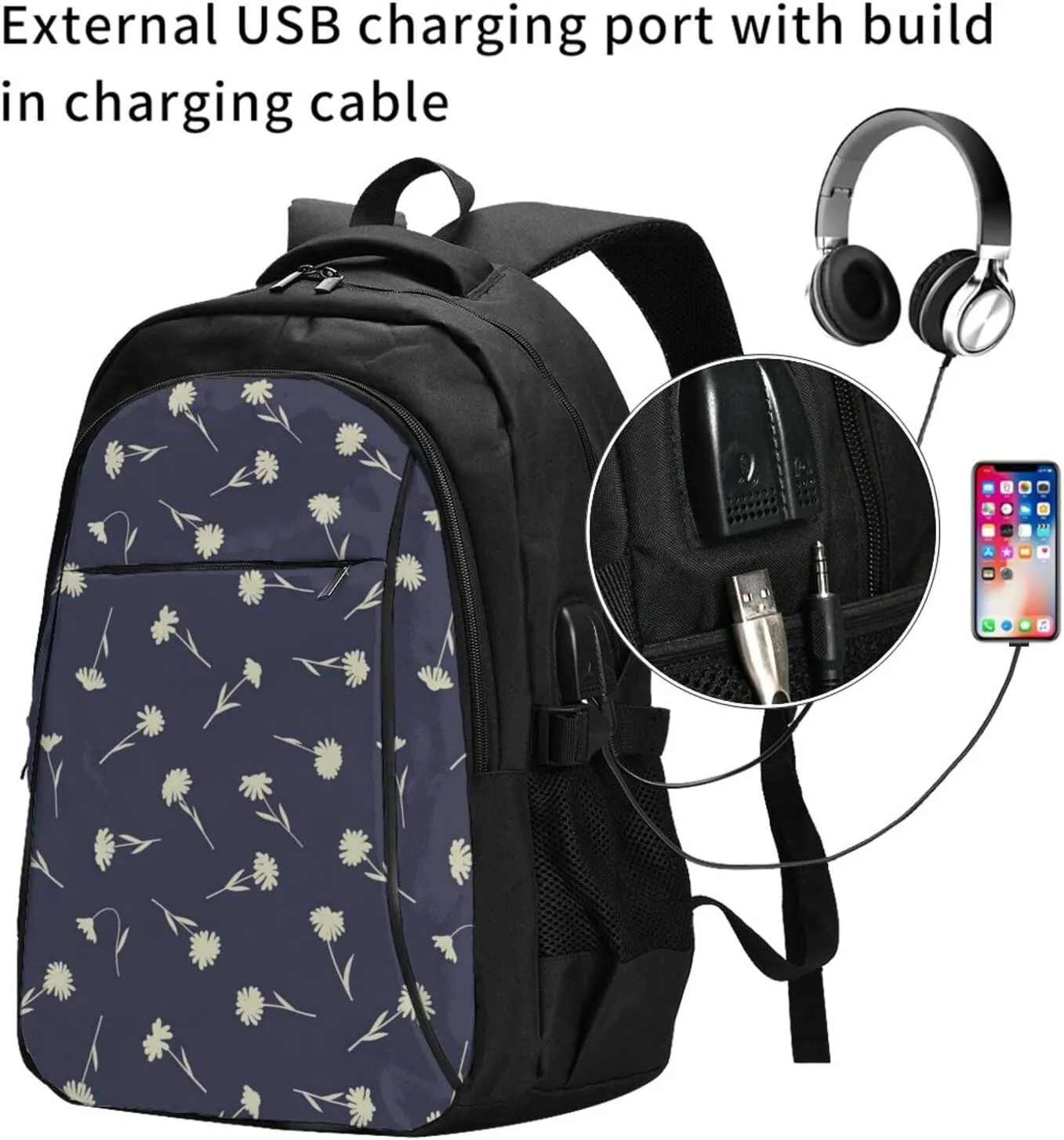 Floral Daisys Travel Laptop Backpack,18 Inch Carry on Backpack for Men Women with USB Port, Work Computer Backpack