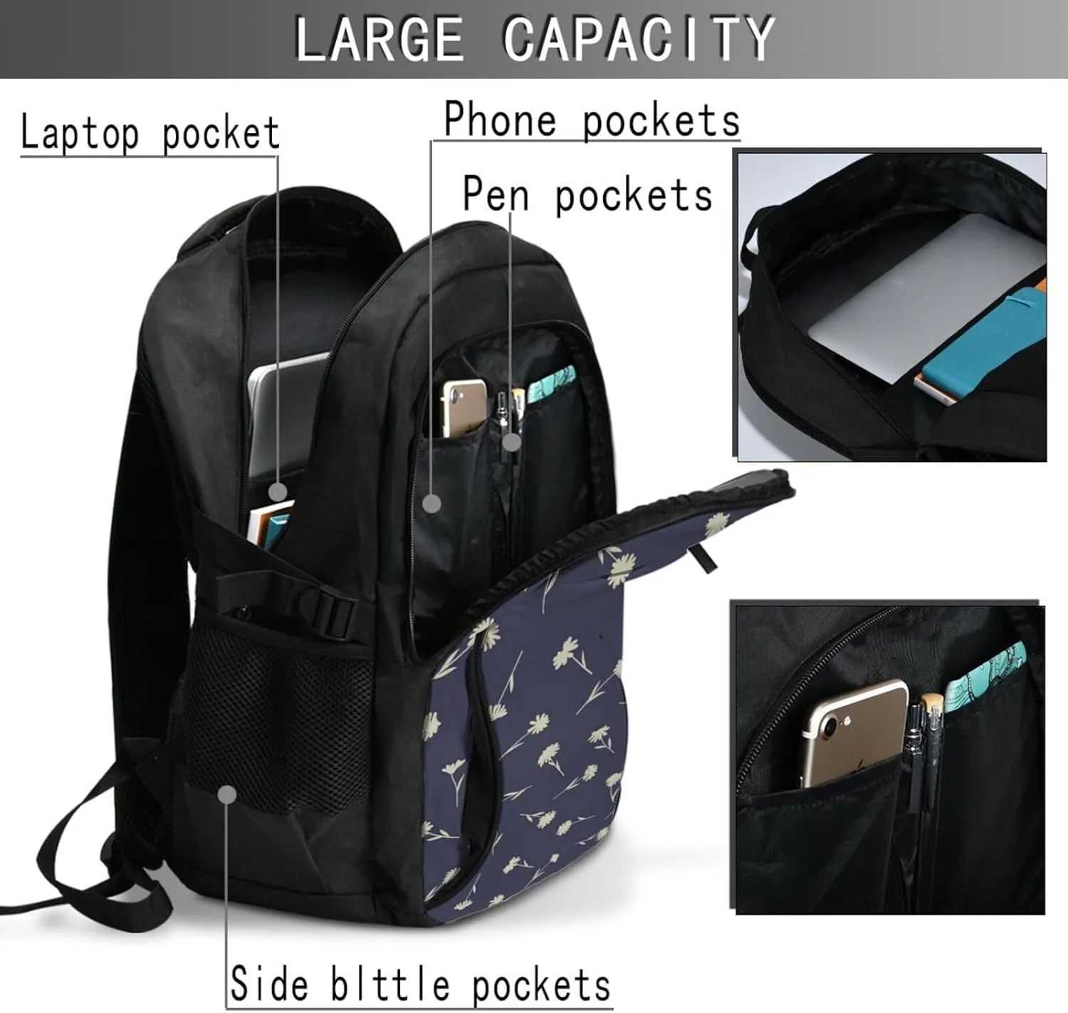 Floral Daisys Travel Laptop Backpack,18 Inch Carry on Backpack for Men Women with USB Port, Work Computer Backpack