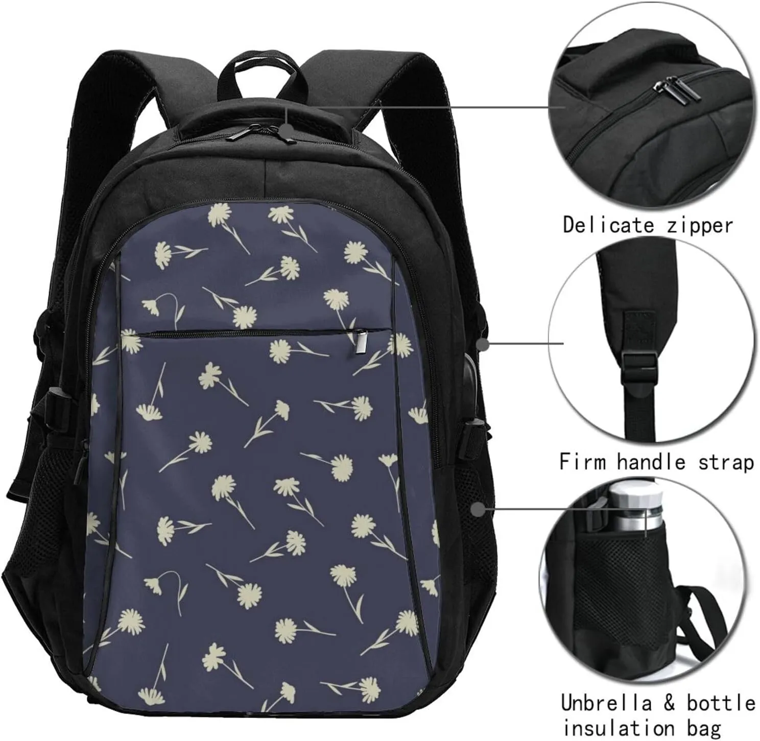 Floral Daisys Travel Laptop Backpack,18 Inch Carry on Backpack for Men Women with USB Port, Work Computer Backpack