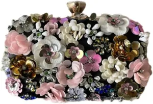 Floral Embellished Clutch Purse with Crystals and Pearls, Multicolor
