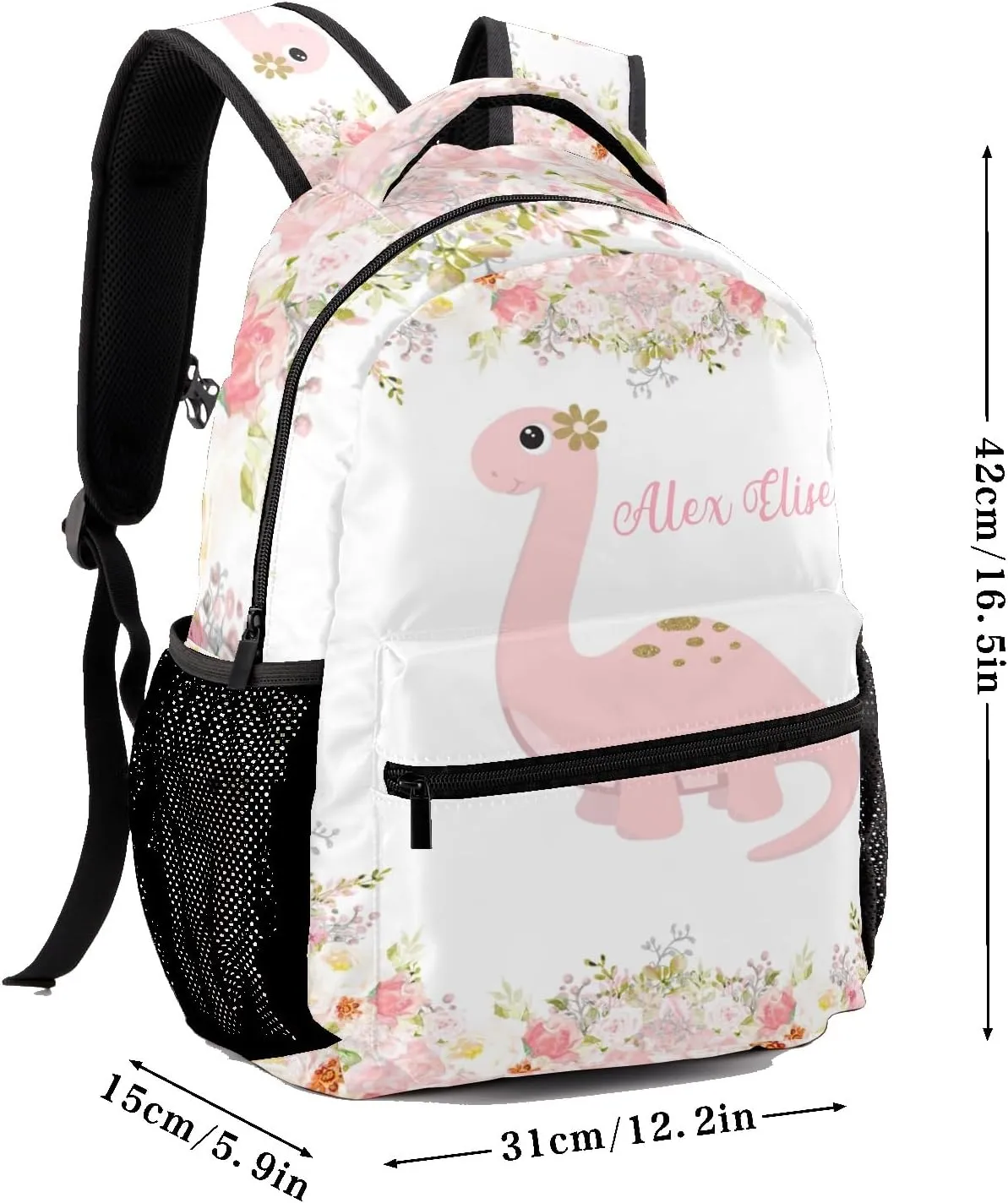 Floral Girl Dinosaur Personalized Kids School Backpack for Boys Girls Custom Primary Daypack Bags Travel Bookbag