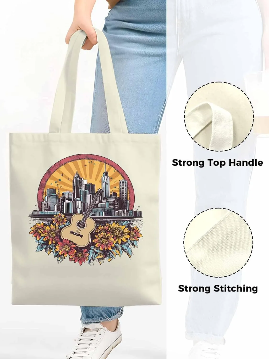 Floral Guitar Building City Skyscraper Canvas Tote Bag, Aesthetic Canvas Tote Handbags for Women Shoulder Bag