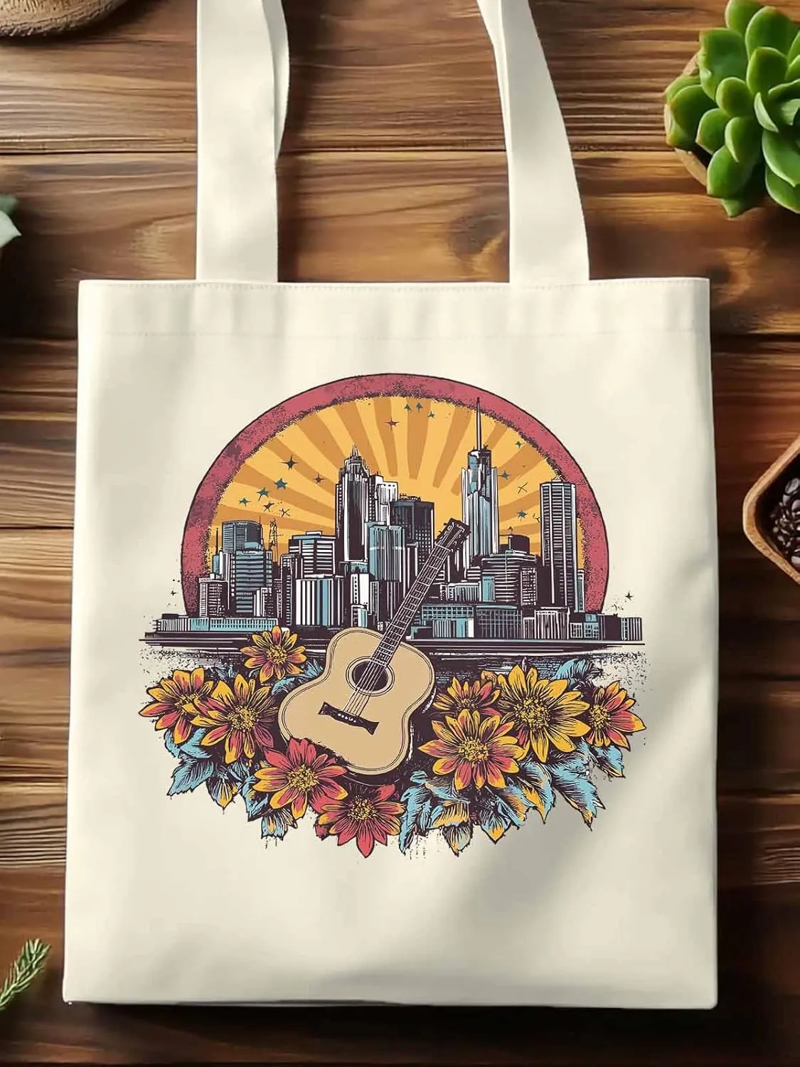 Floral Guitar Building City Skyscraper Canvas Tote Bag, Aesthetic Canvas Tote Handbags for Women Shoulder Bag