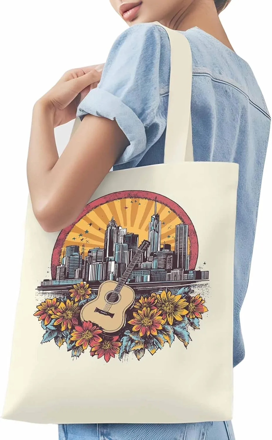 Floral Guitar Building City Skyscraper Canvas Tote Bag, Aesthetic Canvas Tote Handbags for Women Shoulder Bag