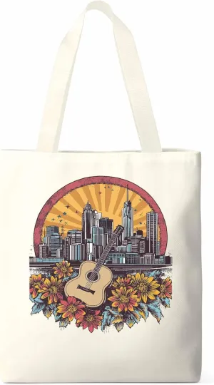 Floral Guitar Building City Skyscraper Canvas Tote Bag, Aesthetic Canvas Tote Handbags for Women Shoulder Bag