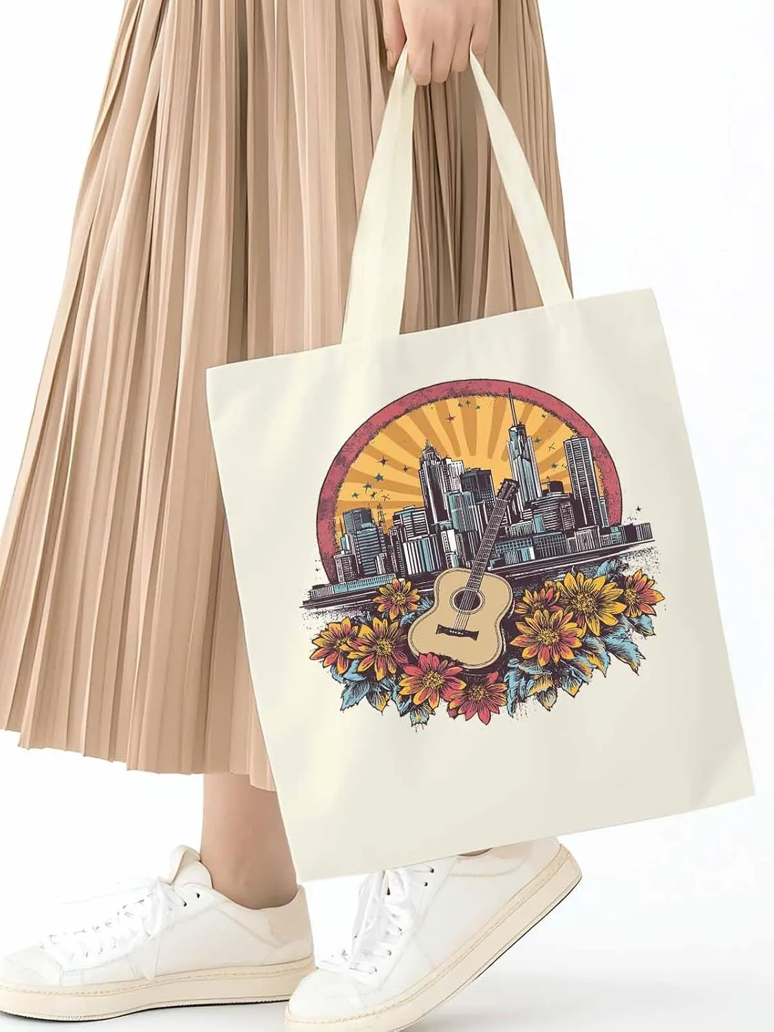 Floral Guitar Building City Skyscraper Canvas Tote Bag, Aesthetic Canvas Tote Handbags for Women Shoulder Bag