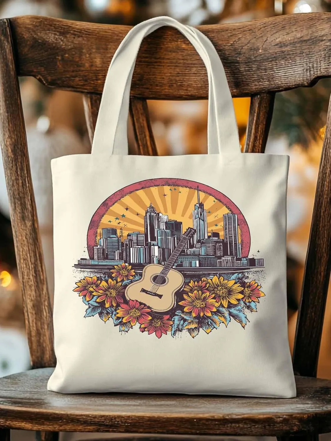 Floral Guitar Building City Skyscraper Canvas Tote Bag, Aesthetic Canvas Tote Handbags for Women Shoulder Bag
