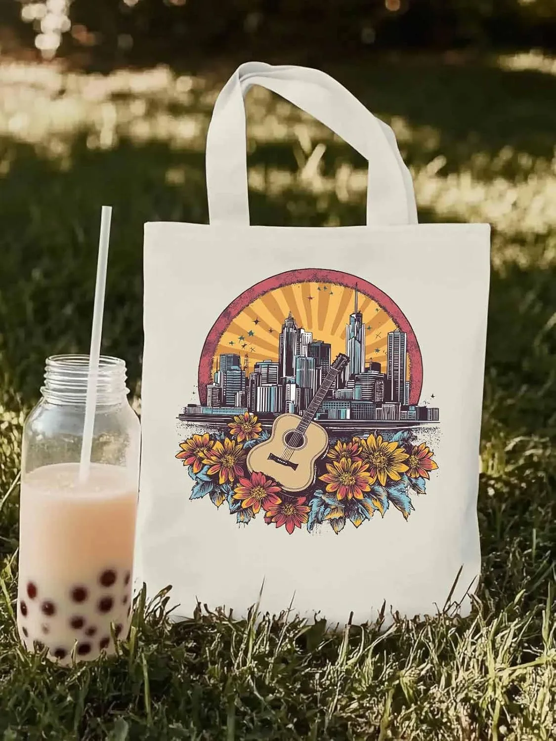 Floral Guitar Building City Skyscraper Canvas Tote Bag, Aesthetic Canvas Tote Handbags for Women Shoulder Bag
