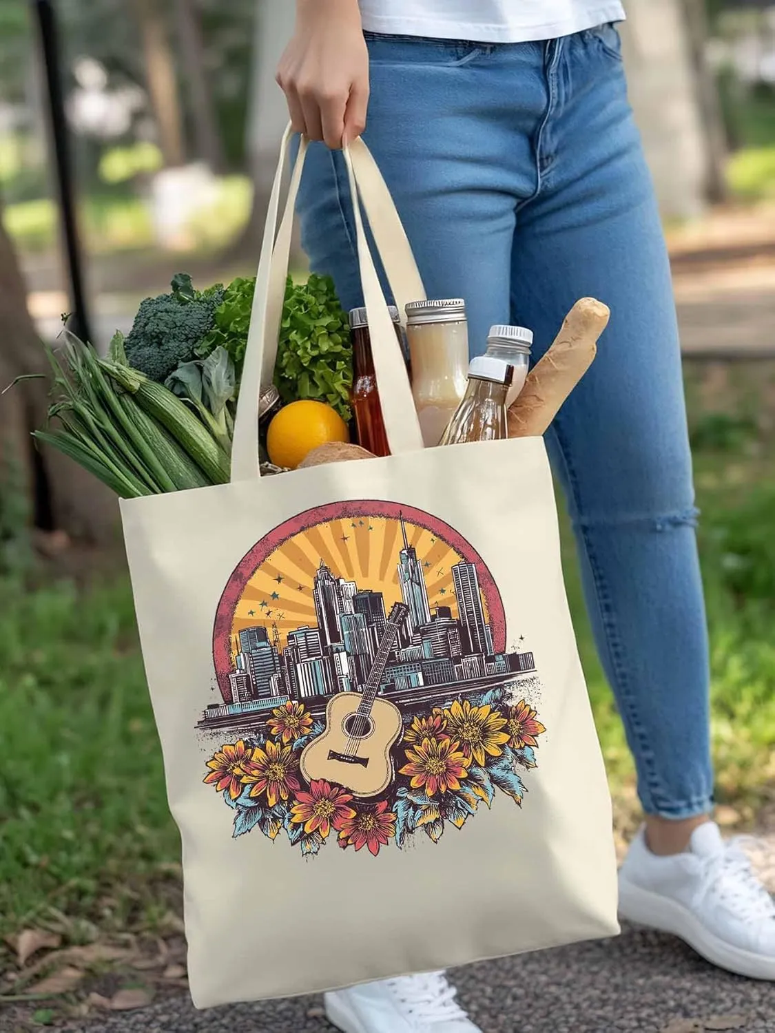 Floral Guitar Building City Skyscraper Canvas Tote Bag, Aesthetic Canvas Tote Handbags for Women Shoulder Bag