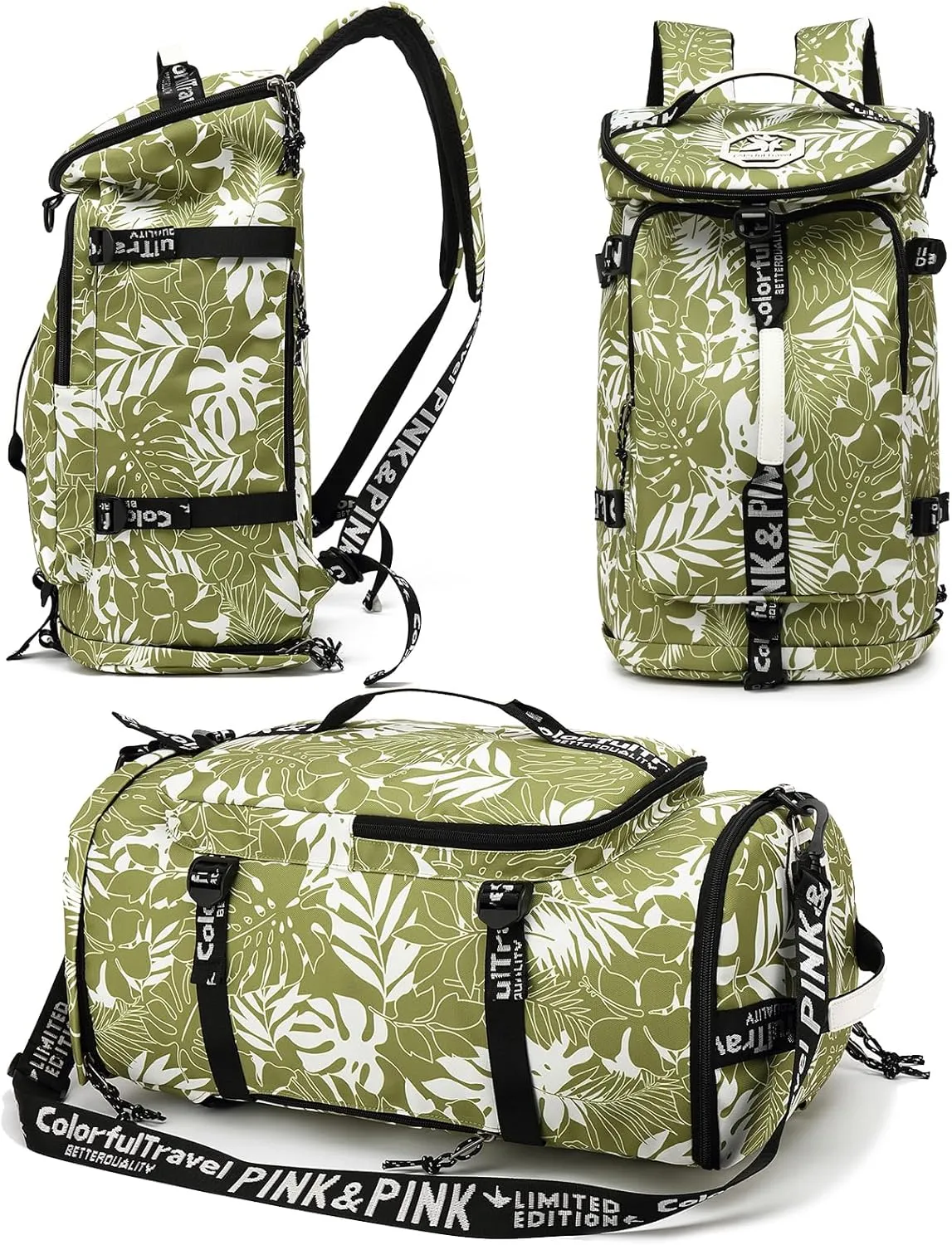 Floral gym duffel bag backpack, fashion wrestling bag,with shoe compartment, 4 kinds of back method waterproof travel sports walking laptop Lightweight (A-Floral Green)