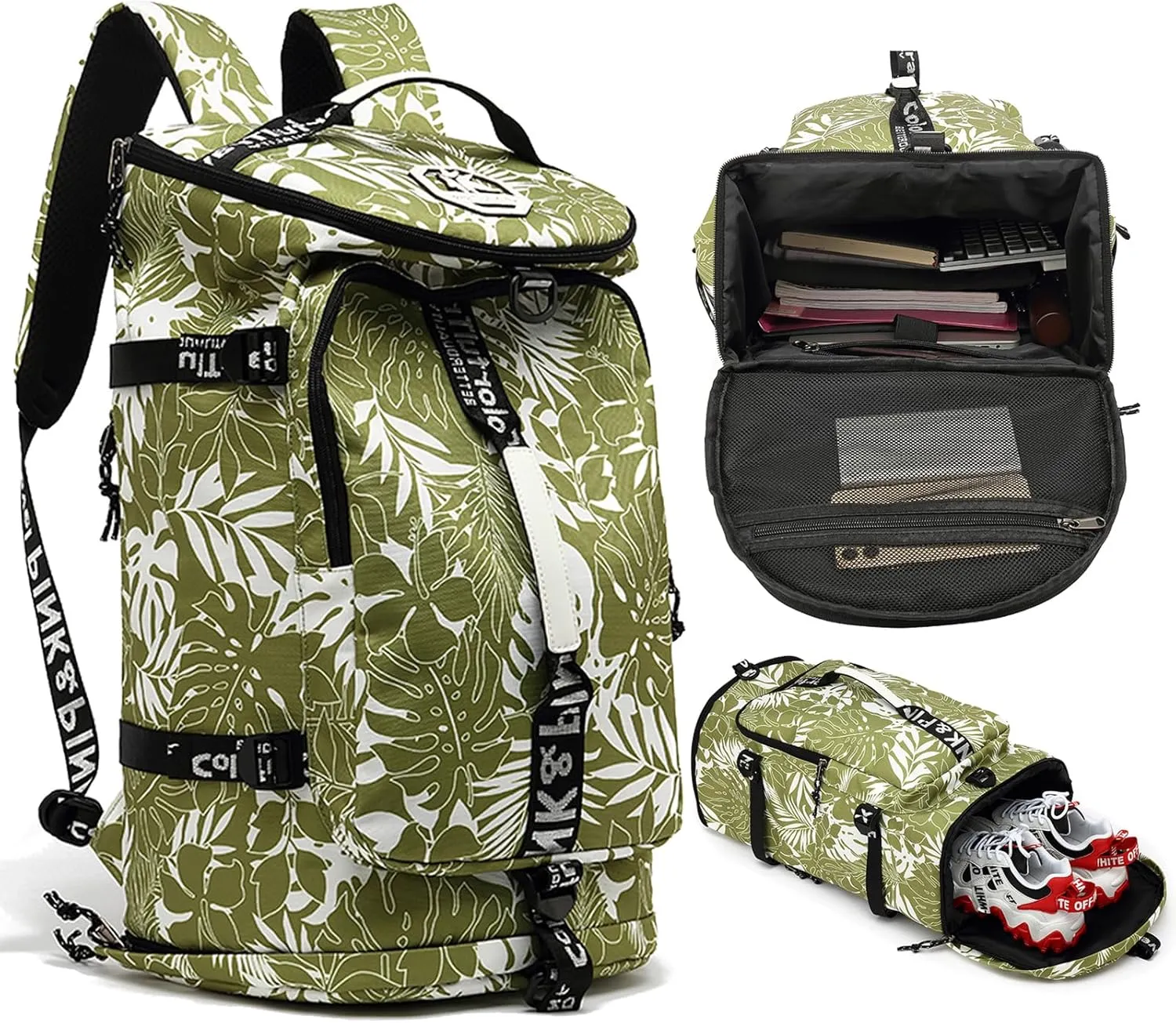 Floral gym duffel bag backpack, fashion wrestling bag,with shoe compartment, 4 kinds of back method waterproof travel sports walking laptop Lightweight (A-Floral Green)