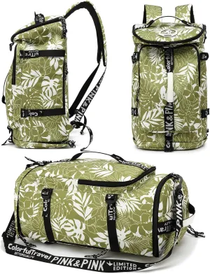 Floral gym duffel bag backpack, fashion wrestling bag,with shoe compartment, 4 kinds of back method waterproof travel sports walking laptop Lightweight (A-Floral Green)
