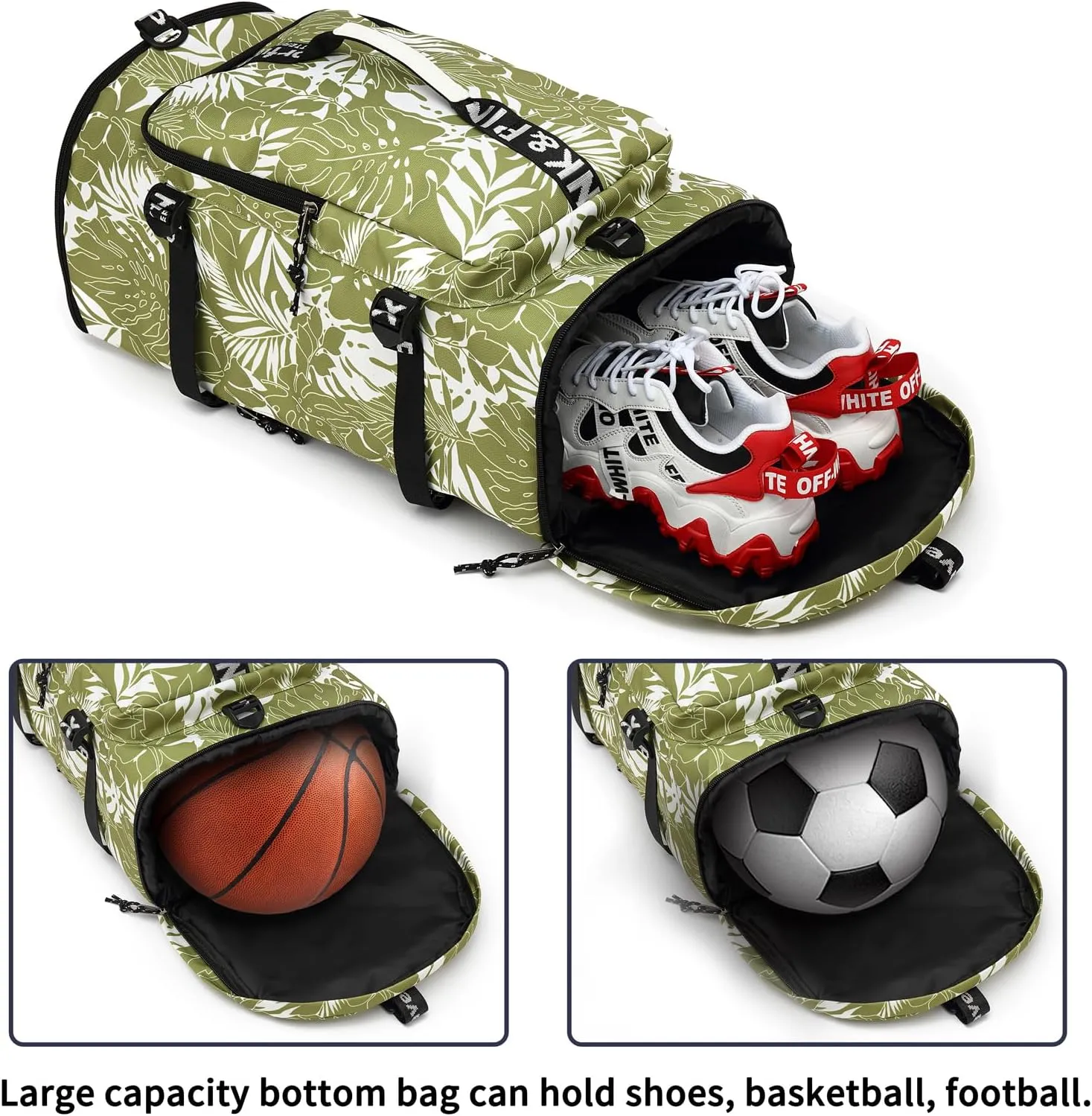 Floral gym duffel bag backpack, fashion wrestling bag,with shoe compartment, 4 kinds of back method waterproof travel sports walking laptop Lightweight (A-Floral Green)