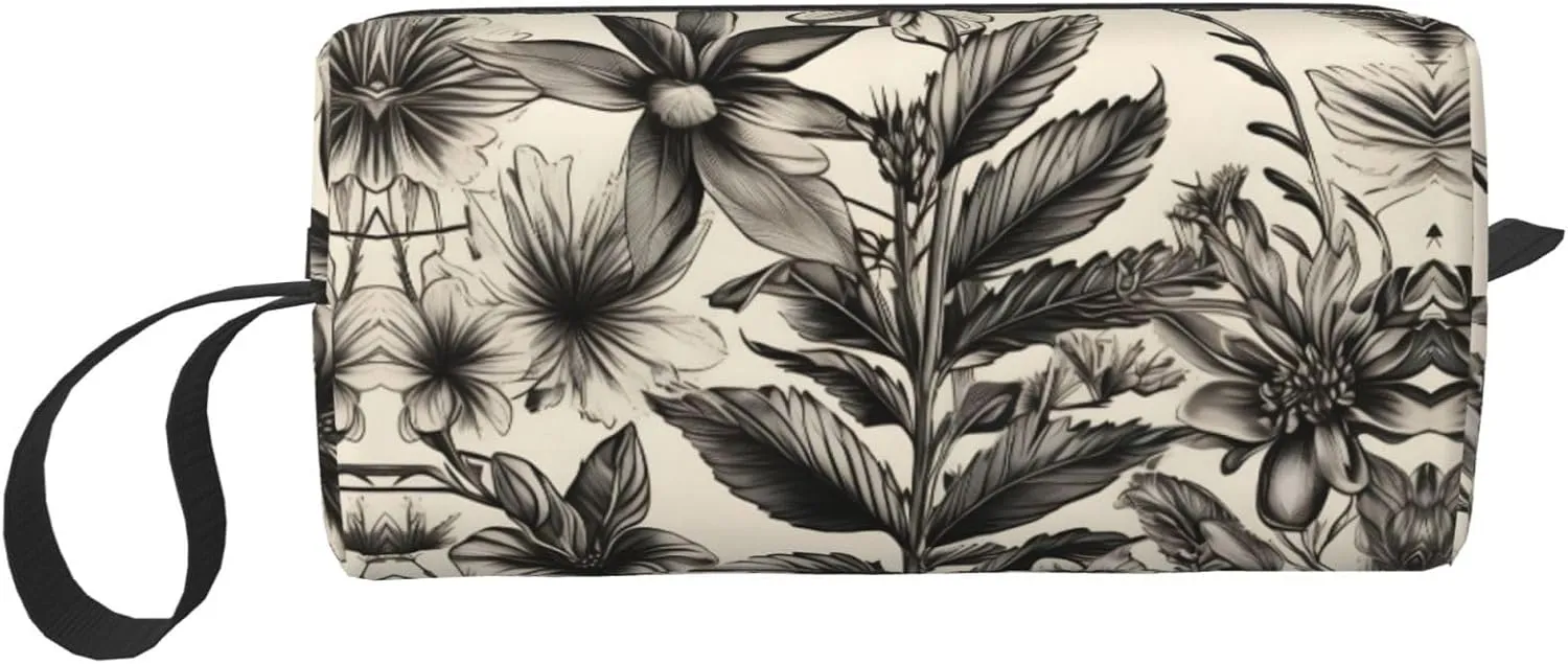 Floral Herbs Botanical Pattern print Travel Toiletry Pouch, Pencil Bag Canvas Makeup Bag, Multi-Purpose Cosmetic Bag with Zipper