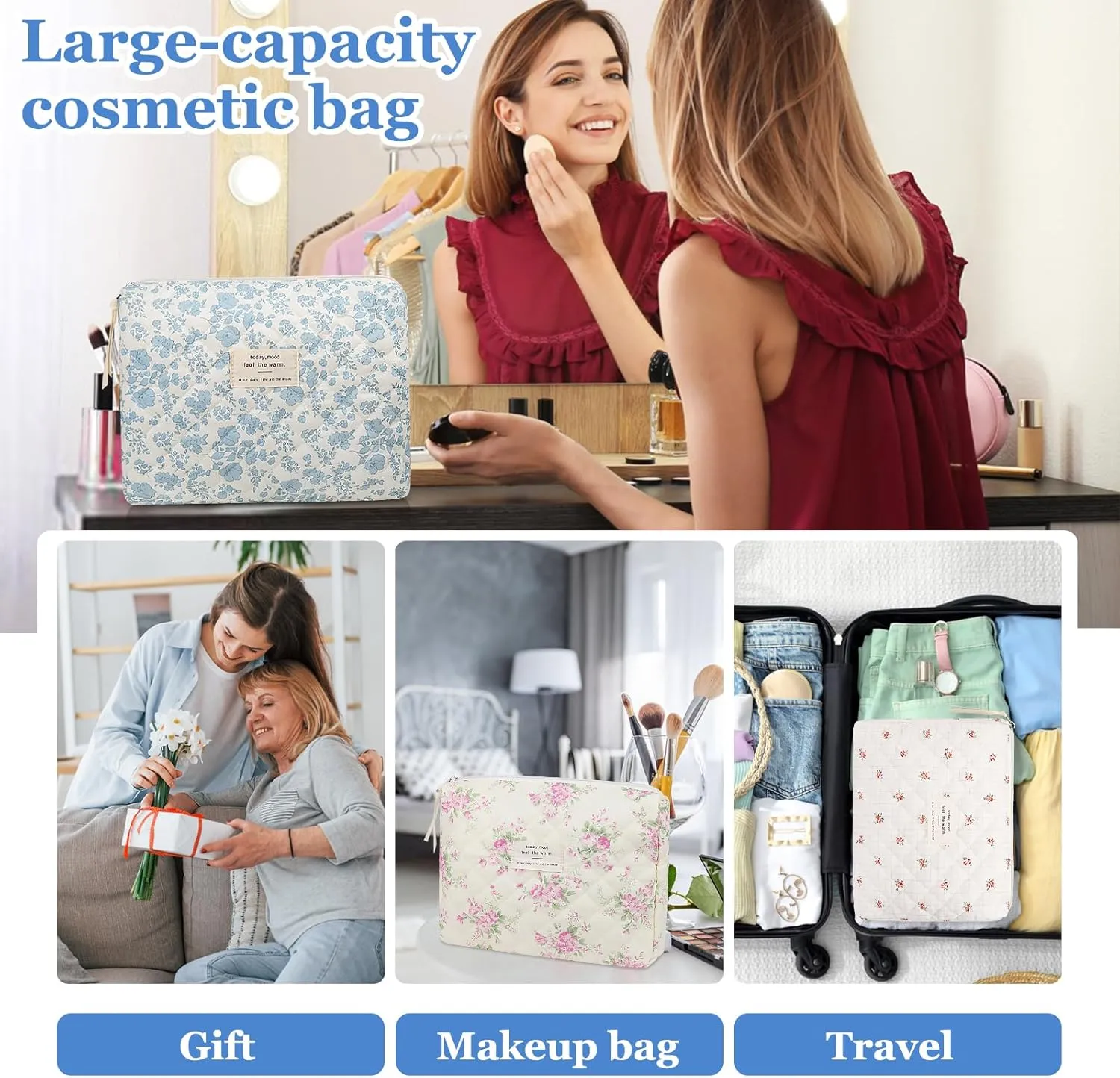 Floral Makeup Bag, Small Cosmetic Bag for Women Girls, Cute Cotton Makeup Bag, Quilted Makeup Bags, Flower Travel Toiletry Organizer Bag(Yellow Flowers)