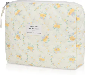 Floral Makeup Bag, Small Cosmetic Bag for Women Girls, Cute Cotton Makeup Bag, Quilted Makeup Bags, Flower Travel Toiletry Organizer Bag(Yellow Flowers)