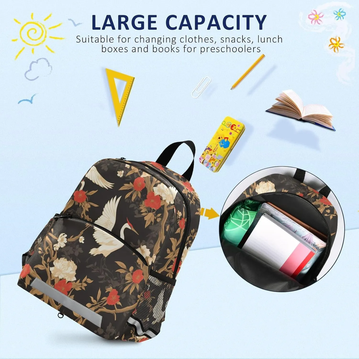 Floral Motives and Cranes Cartoon Kids Backpack Lightweight Cute Bookbag Travel Daypack
