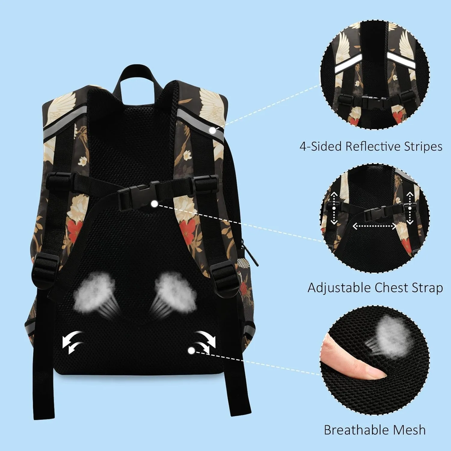 Floral Motives and Cranes Cartoon Kids Backpack Lightweight Cute Bookbag Travel Daypack