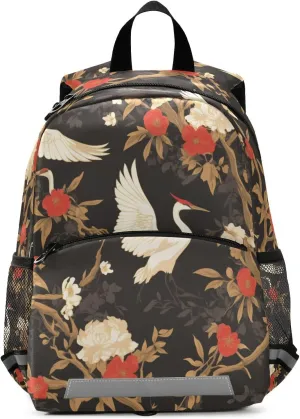 Floral Motives and Cranes Cartoon Kids Backpack Lightweight Cute Bookbag Travel Daypack