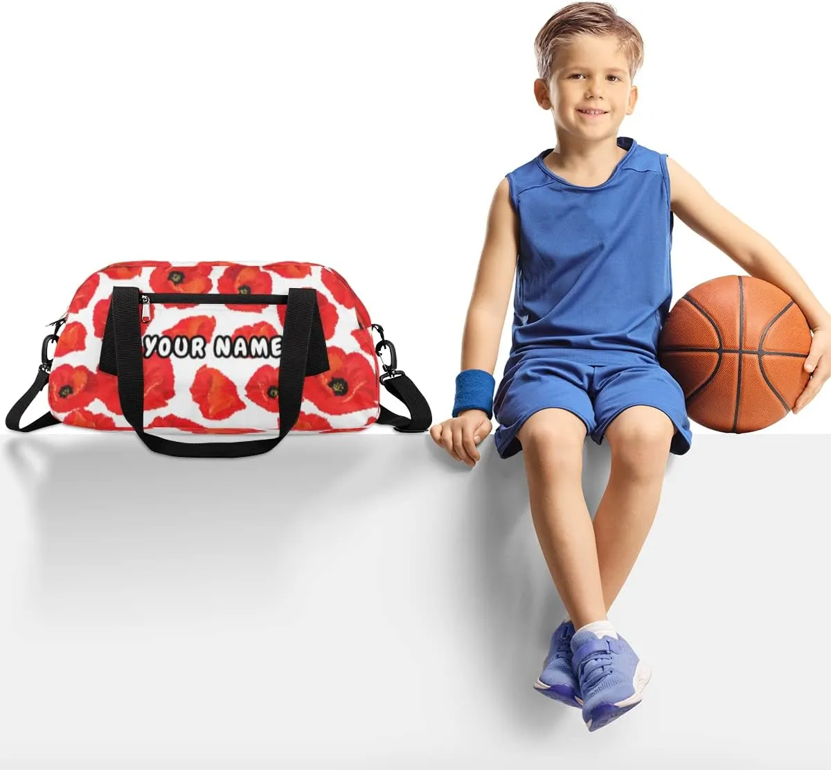 Floral Poppy Personalized Kids Duffel Bag for Girls Boys, Flower Debris Custom Dance Bag Overnight Small Duffel Bag Carry On Weekend Sports Travel Bag for School Practice Gymnastics Ballet