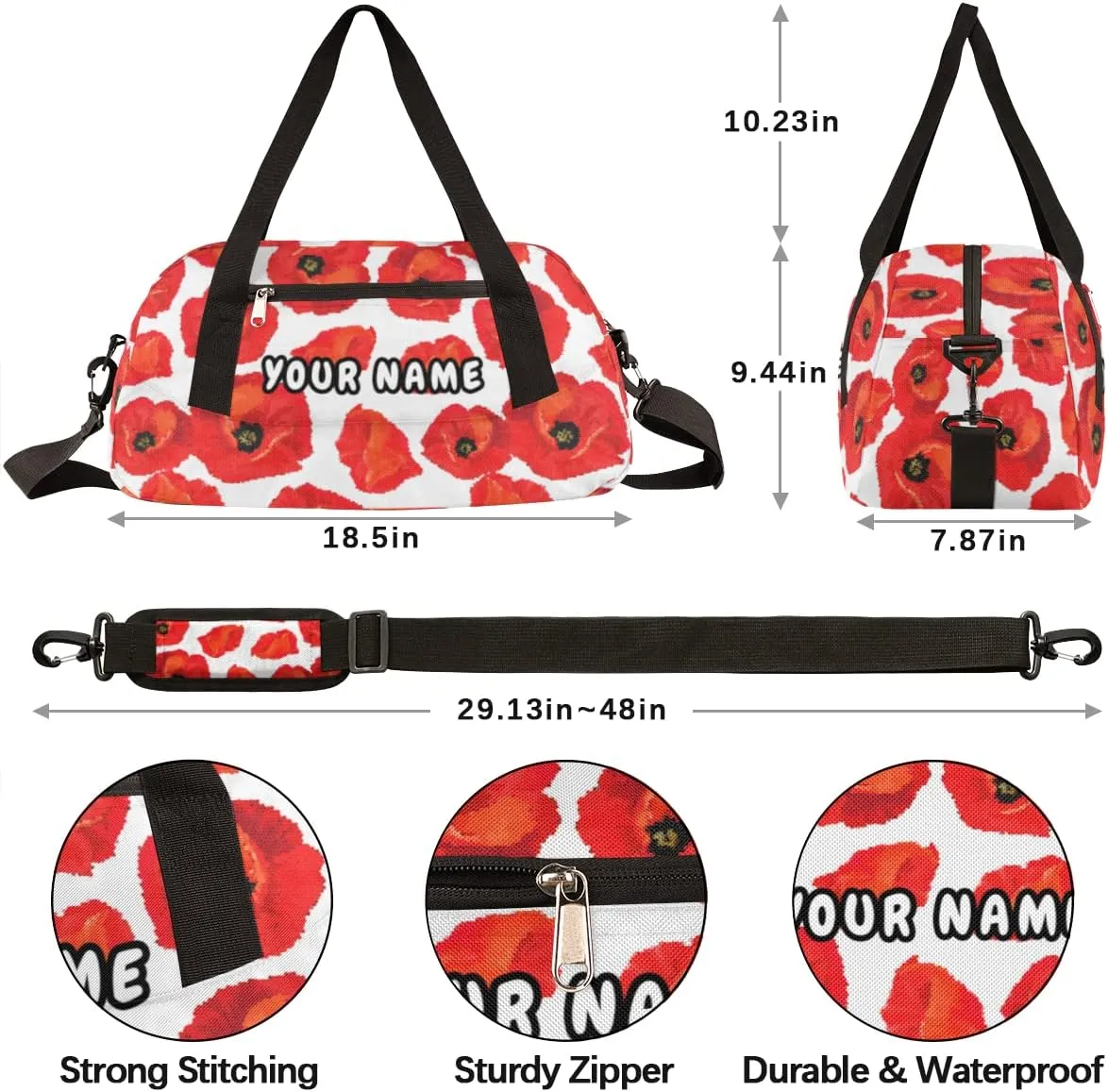 Floral Poppy Personalized Kids Duffel Bag for Girls Boys, Flower Debris Custom Dance Bag Overnight Small Duffel Bag Carry On Weekend Sports Travel Bag for School Practice Gymnastics Ballet