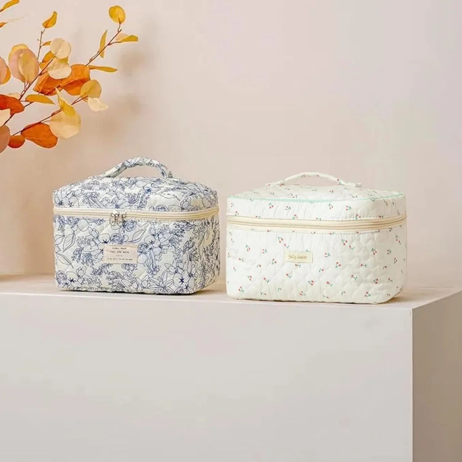 Floral Quilted Makeup Bag Set for Women Aesthetic Travel Large Cute Cosmetic Toiletry Pouch Lightweight Cotton Tote Purse Organizer Insert Valentines_Gifts for Her, c01 (3PCS#06Dark Blue)