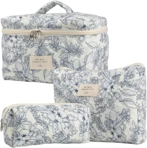 Floral Quilted Makeup Bag Set for Women Aesthetic Travel Large Cute Cosmetic Toiletry Pouch Lightweight Cotton Tote Purse Organizer Insert Valentines_Gifts for Her, c01 (3PCS#06Dark Blue)