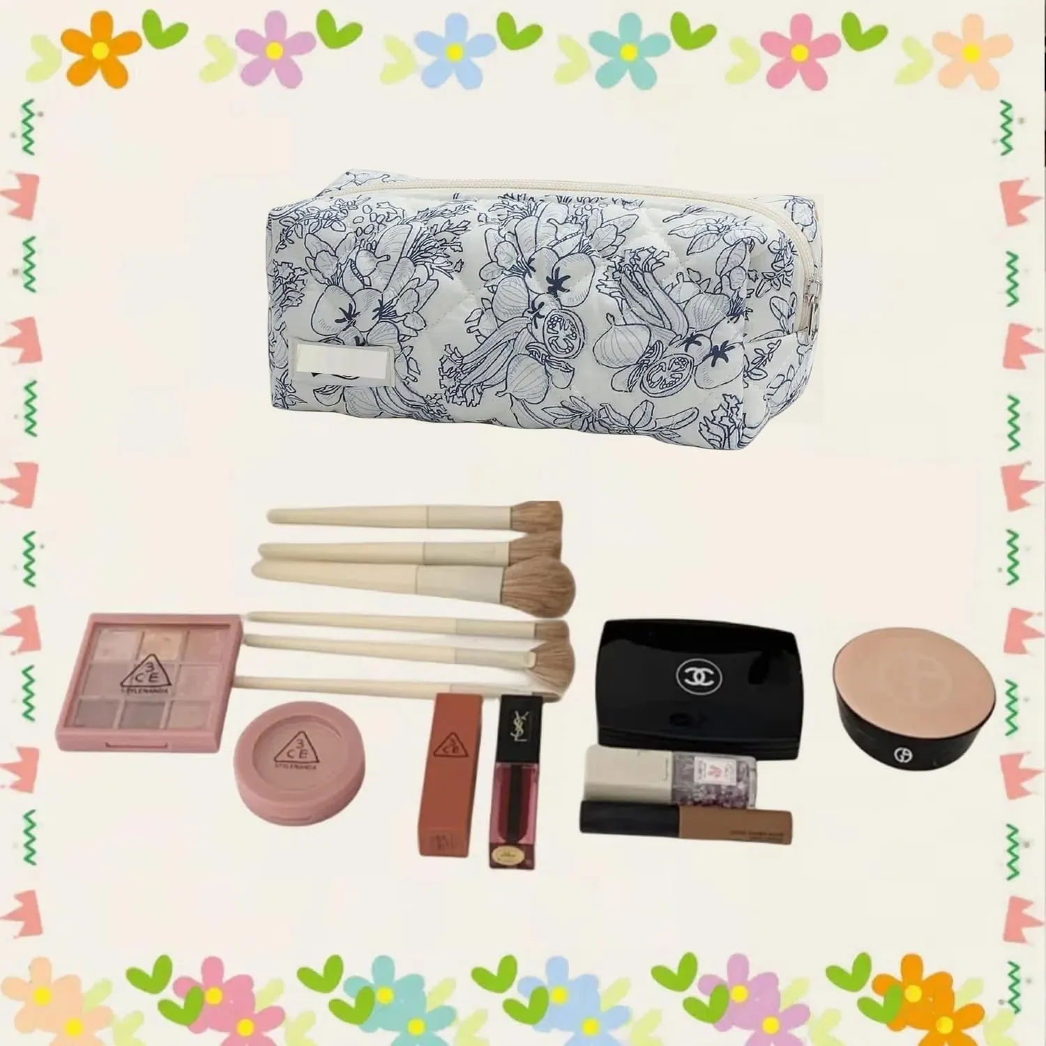 Floral Quilted Makeup Bag Set for Women Aesthetic Travel Large Cute Cosmetic Toiletry Pouch Lightweight Cotton Tote Purse Organizer Insert Valentines_Gifts for Her, c01 (3PCS#06Dark Blue)