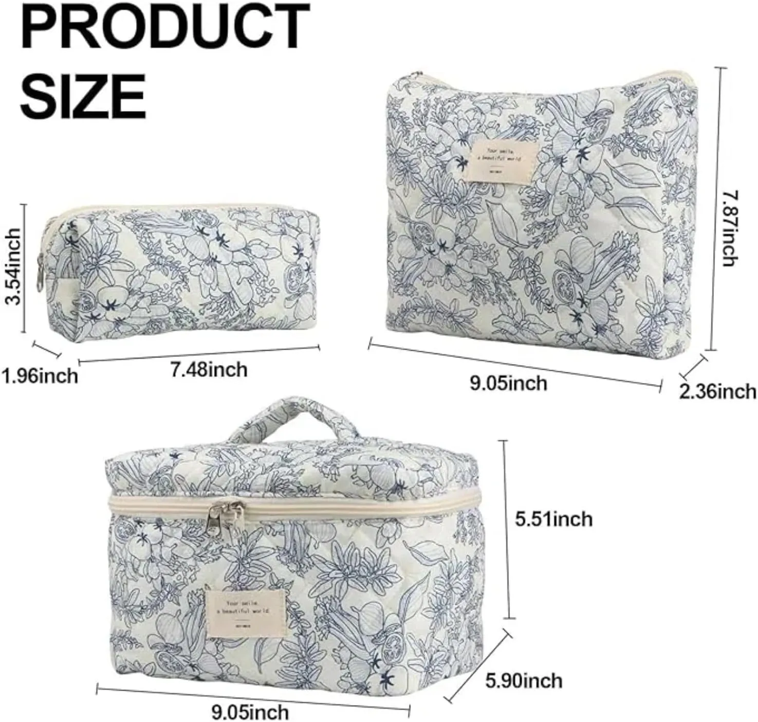 Floral Quilted Makeup Bag Set for Women Aesthetic Travel Large Cute Cosmetic Toiletry Pouch Lightweight Cotton Tote Purse Organizer Insert Valentines_Gifts for Her, c01 (3PCS#06Dark Blue)