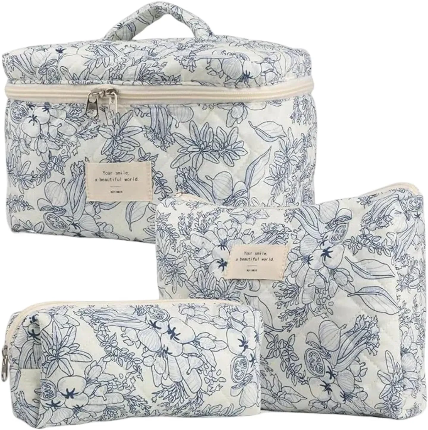 Floral Quilted Makeup Bag Set for Women Aesthetic Travel Large Cute Cosmetic Toiletry Pouch Lightweight Cotton Tote Purse Organizer Insert Valentines_Gifts for Her, c01 (3PCS#06Dark Blue)