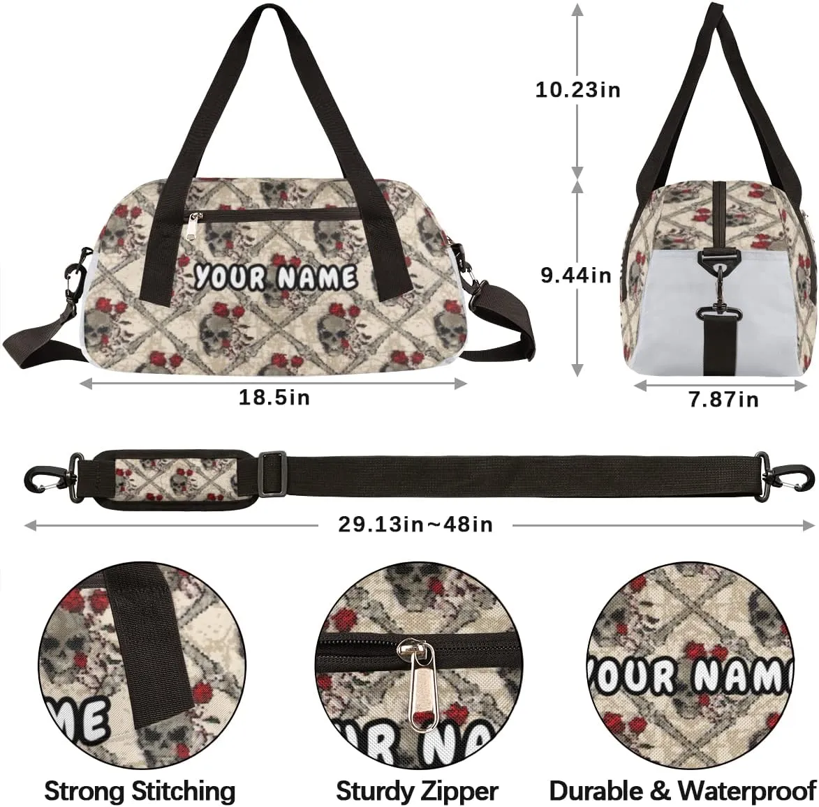 Floral Skull Personalized Kids Duffel Bag for Girls Boys, Skull Debris Custom Dance Bag Overnight Small Duffel Bag Carry On Weekend Sports Travel Bag for School Practice Gymnastics Ballet