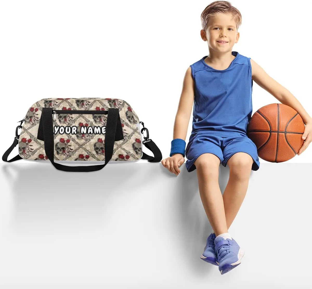 Floral Skull Personalized Kids Duffel Bag for Girls Boys, Skull Debris Custom Dance Bag Overnight Small Duffel Bag Carry On Weekend Sports Travel Bag for School Practice Gymnastics Ballet